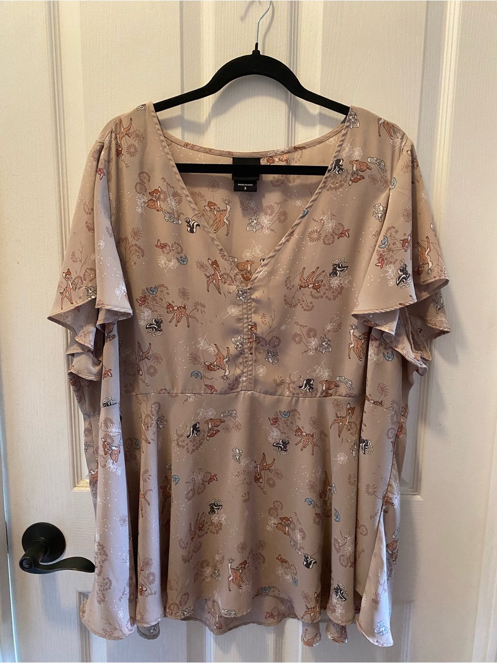 Women's Bambi Beige Floral V-Neck Flutter Sleeve Top